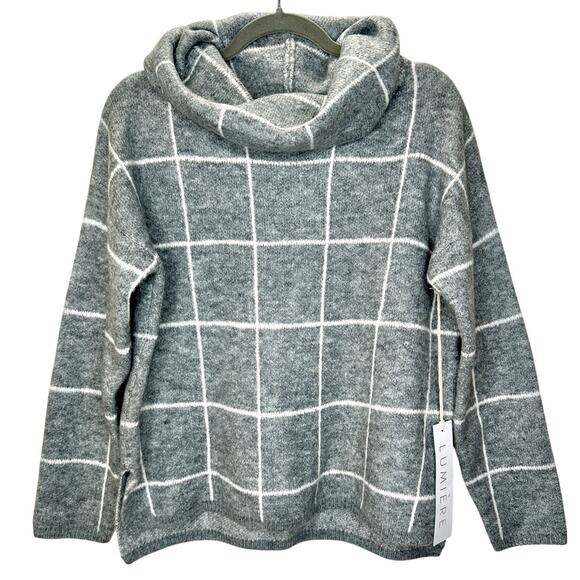 NWT Lumiere Gray & White Windowpane Cowl Neck Sweater S - Picture 4 of 14